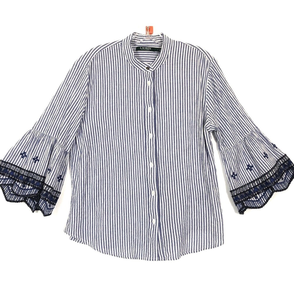 Lauren Ralph Lauren Ruffled Embroidered Bell Sleeve Blouse Size Lg Blue Stripe
